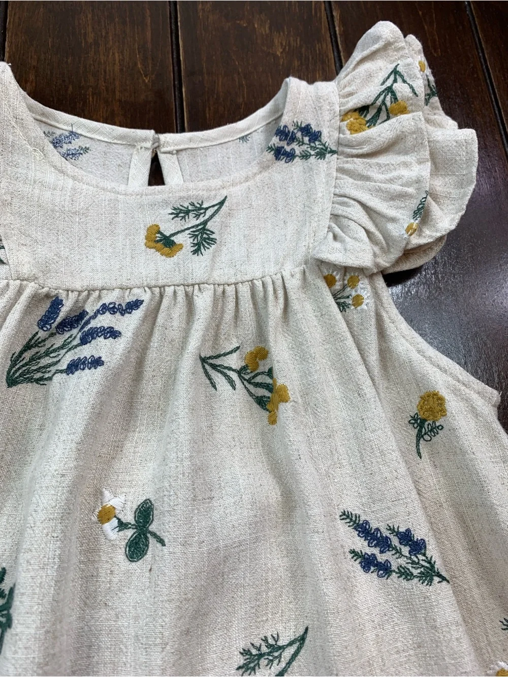 Toddler Embroidered Beige Floral Ruffle Sleeve Boho Dress